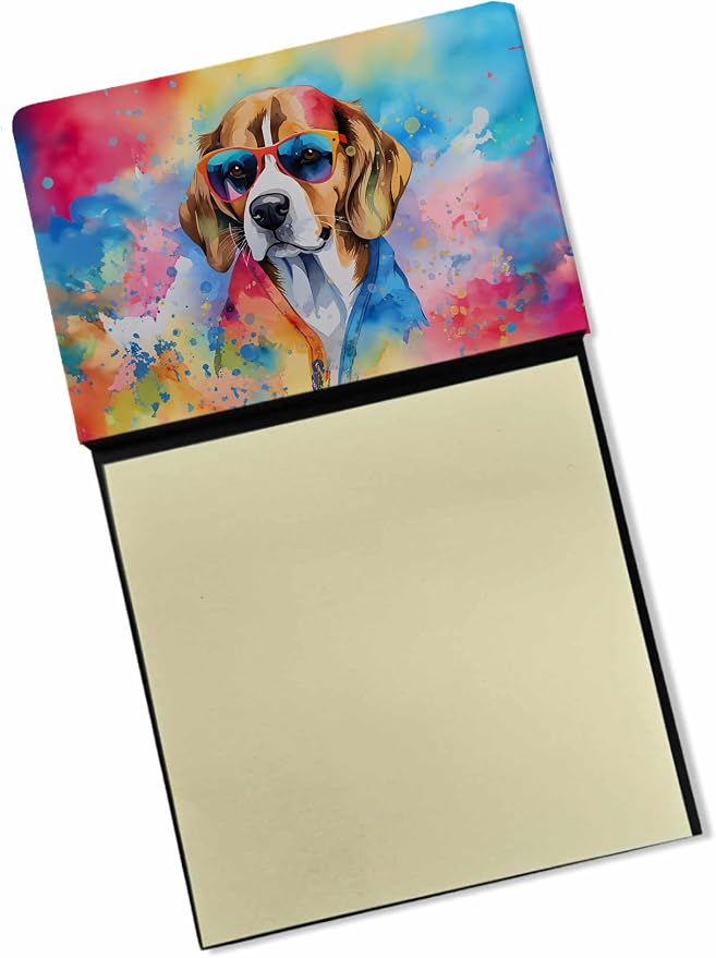 Caroline's Treasures Beagle Hippie Dawg Sticky Note Holder Refillable Dispenser Self-Sticky Note Pads, Memo Pads Blank Desk Accessories