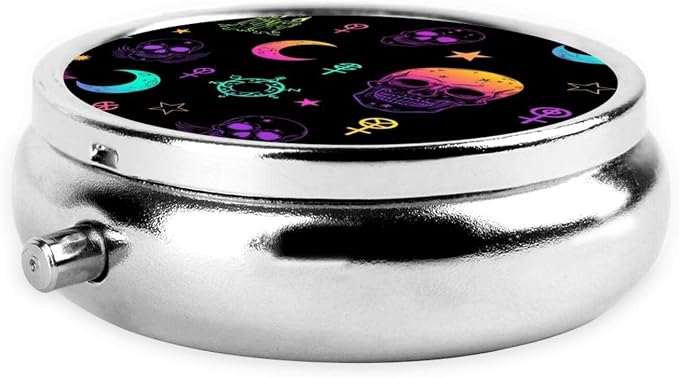 Travel Pill Case, Round Metal Organizer, Small Dispenser for Supplements, Pocket Purse Holder for Outdoor Adventures, Witch Frogs Goth Moon Skull Mushroom