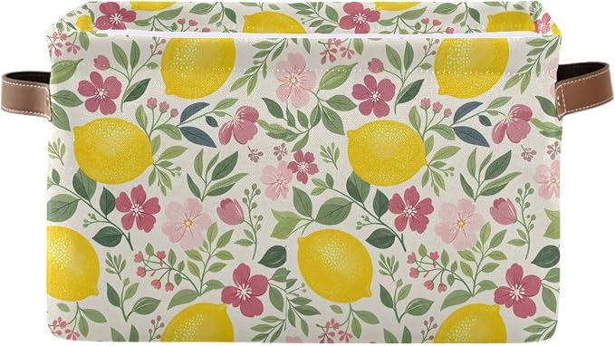 susiyo Large Foldable Storage Bin Beautiful Floral Lemon Fabric Storage Baskets Collapsible Decorative Baskets Organizing Basket Bin with PU Handles for Shelves Home Closet Bedroom Living Room-1Pack