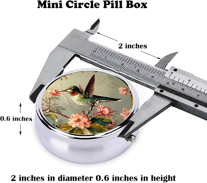Pill Box, Small Pill Organizer with 3 Compartments and Mirror, Cute Round Portable Travel Metal Pill Case for Pocket or Purse, Privacy-Protecting Medicine Box-Hummingbird Flowers