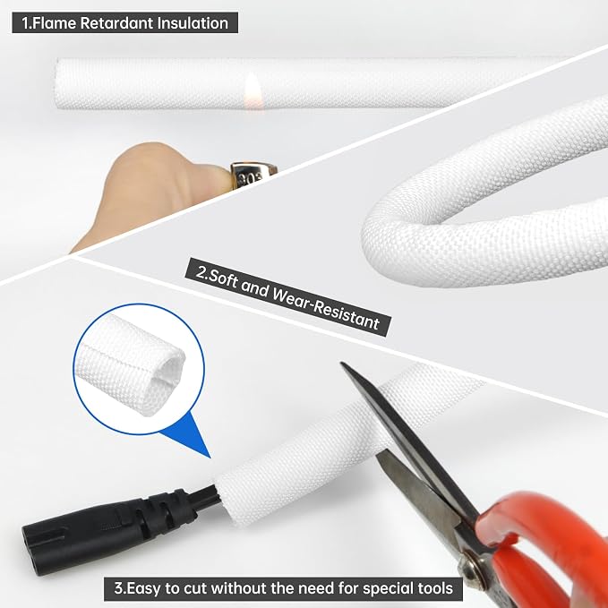 Split Braided Cable Sleeve，Flexible Wire Loom Tubing, Automotive Cord Protector Pet Proof, Cable Management for Computer TV Electric Wires Harness 16ft (White, 13mm（1/2")