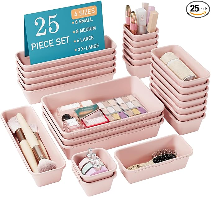 Kutesna 25 PCS Pink Drawer Organizer Set, 4 Size Interlocking Plastic Storage Bins for Office Supplies, Jewelry Makeup Vanity, Bathroom Kitchen, Home Organization Closet, Gadgets Small Items