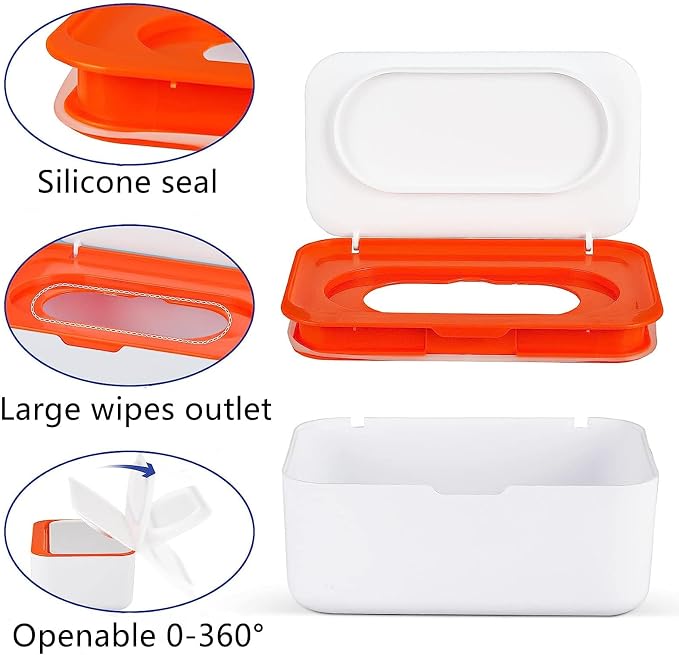Wipes Dispenser with 2Pcs Portable Refillable Wipe Holder,Reusable Large Wipe Holder Box Flushable Wipes Case Bathroom Wipes Container for Pet Nursery Kitchen Office Counter (White-Orange) | Refillable Reusable Large Wet Wipe Holder, Flushable Wipes Ca...
