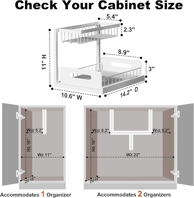 Under Sink Organizer, L-Shaped 2 Tier Pull Out Cabinet Organizer | Slide Out Under Cabinet Storage, For Kitchen and Bathroom, Metal Under Sink Storage with Sliding Drawer, 50 lbs, White 2 Pack