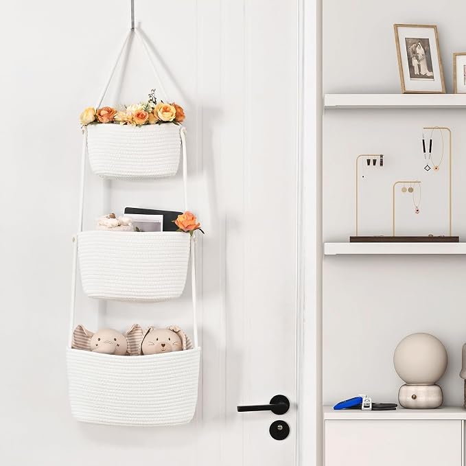 Hanging Basket, 3-Tier Woven Wall Basket with 4 Hooks, Cotton Rope Storage Baskets, Over the Door Organizer for Nursery, Bedroom, Cottage and Boho Wall Decor