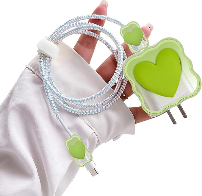 CameCosy Waves Cable Protector for iPhone Charger,Cute Protectors for Type-C Data Cable with Love Heart Pattern Data Line Phone Wire Saver Protector for iPhone 11 12 13 14 Pro Max-Green