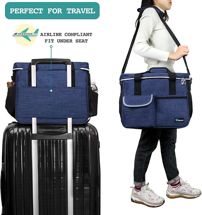 PetAmi Dog Travel Bag Organizer, Pet Supplies Diaper Tote, Navy Blue Medium | Pet Travel Kit with 2 Food Containers & 2 Collapsible Dog Bowls, Luggage Sleeve, Weekend Getaway Road Trip Camping Essentials