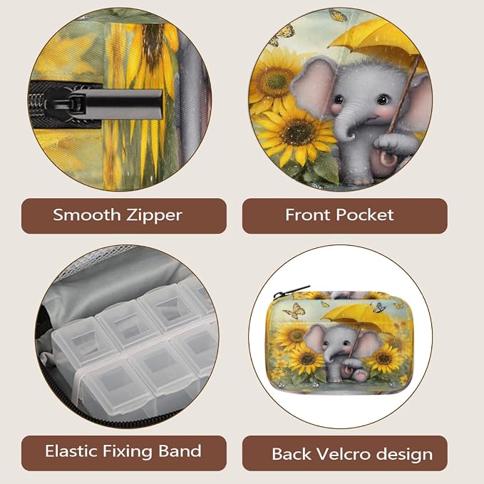 Travel Pill Organizer Cute Elephant Umbrella Sunflower Pill Case