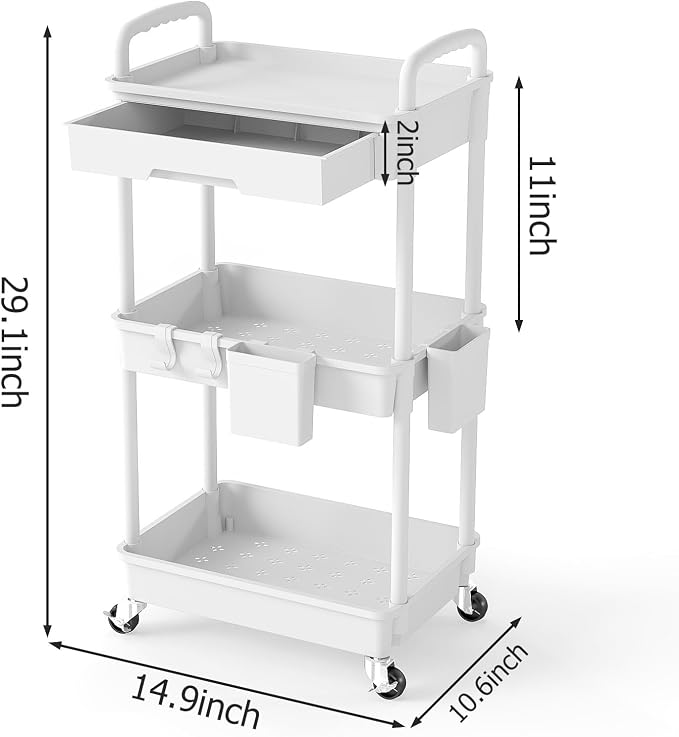 3 Tier Rolling Utility Cart with Drawer, Plastic Storage Organizer Rolling Carts with Wheels Handles Hanging Cups Hooks for Office, Bathroom, Kitchen,Craft Art Room (White)