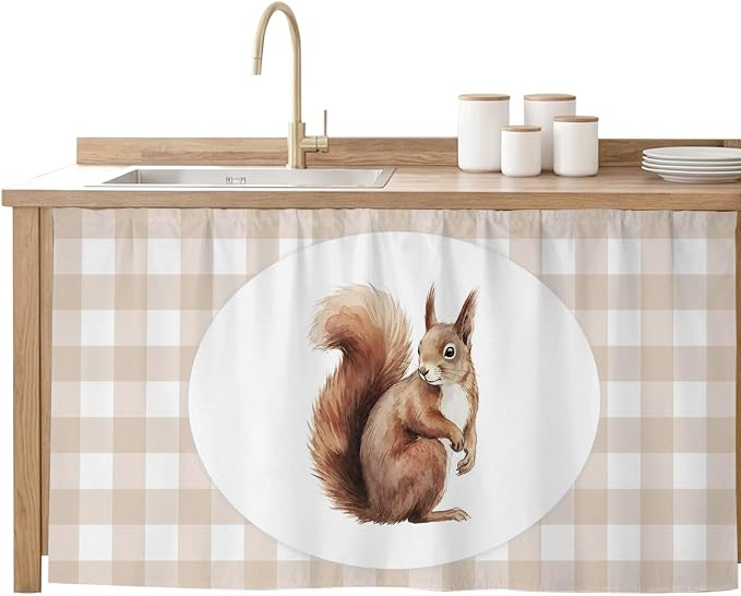 Squirrel Plaid Cabinet Curtains 28"x51" Sink Skirt for Bathroom Kitchen, Modern Farmhouse Checkered Rustic Animal Self Stick Adhesive Under Desk Covers Tall Laundry Cabinet Storage Organizer
