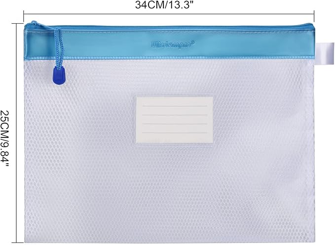 Wisdompro Zipper Pouch, 4 Pack Waterproof Mesh File Bag, Document Organizer | 13.3x9.8", Letter Size Mesh Bag with Outer Label Pocket, Durable, Perfect for File, Paper, Office, School & Home, Pink/Blue