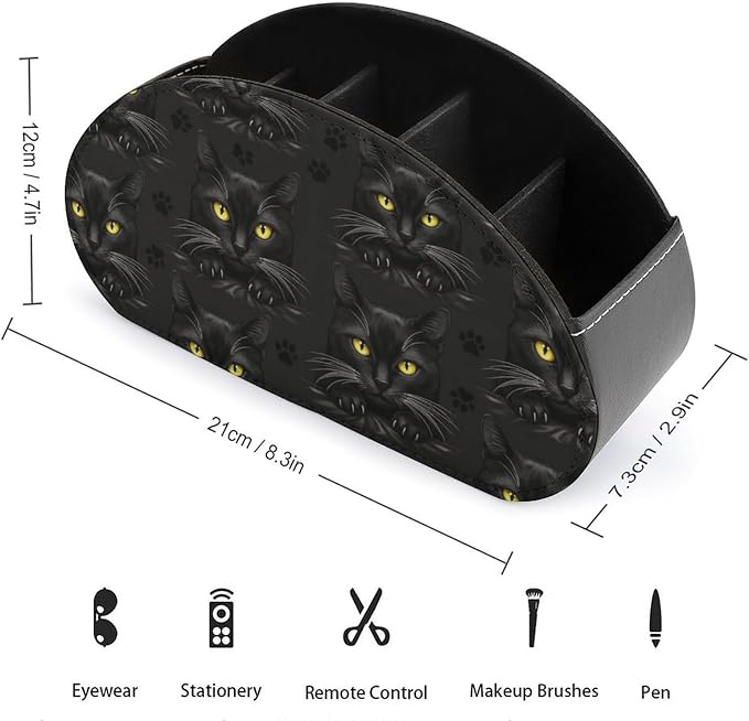 Remote Control Holder for Table Black Cat Gothic Desktop Storage Box | Makeup Brush Caddy with 5 Compartments, Black Cat Gothic Bedside Table Organizer Office Supplies