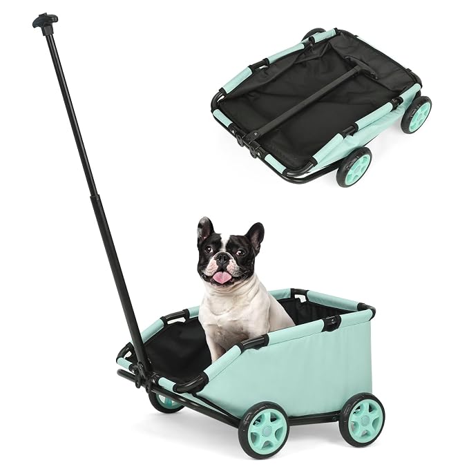 Mini Dog Strollers for Mini Pets, Foldable Multifunctional Shopping Carts with Extendable Pull Handle, Doggie Wagon Built-in Cushion and Safety Rope with Storage Bag (Tealblue)