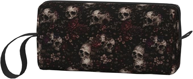 Dark Gothic Flower Skeleton Makeup Bag for Women | Small Travel Cosmetic Pouch with Zipper, Compact Makeup Organizer Bag for Purse, Toiletries, Skincare & Daily Essentials