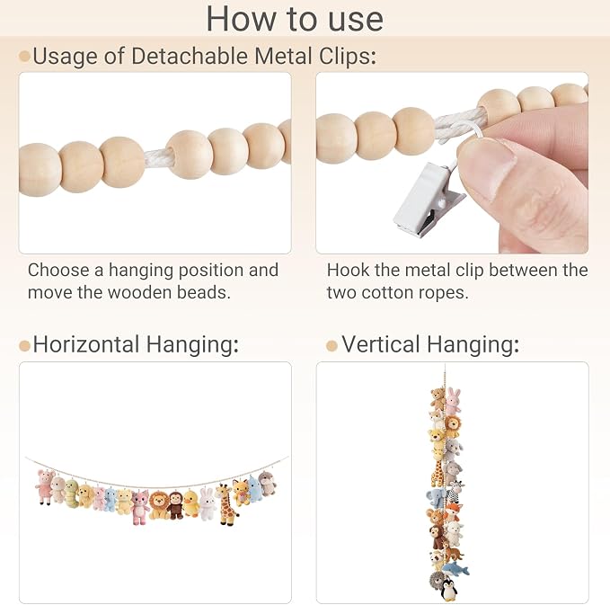 Mkono 2 Pack Hanging Stuffed Animal Storage Hanger Nursery Wall Decor Boho Wood Beads Plushies Holder Display with 40 Clips Hanging Baby Hat Socks Photo Artwork for Kids Room Playroom Bedroom, 76”