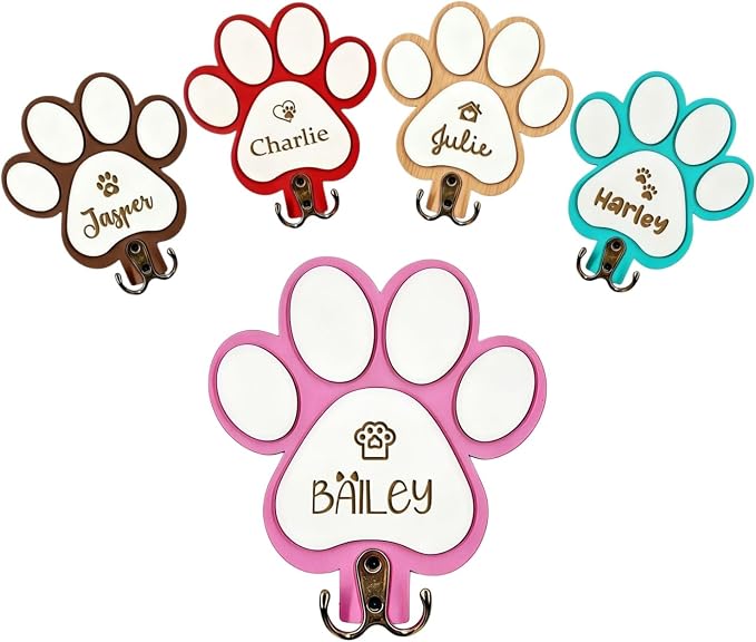 Personalized Dog Leash Holder Wall Mount, Custom Engraved Wood Paw Hanger, Entryway Key Rack Collar Harness Organizer Hook Gift for Pet Lovers(Pink)
