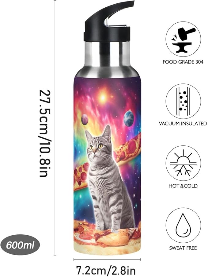 Cat Pizza Planets Space Water Bottle with Straw Lid Kids Insulated Stainless Steel Water Flask Sports, 20 Oz Hot Cold