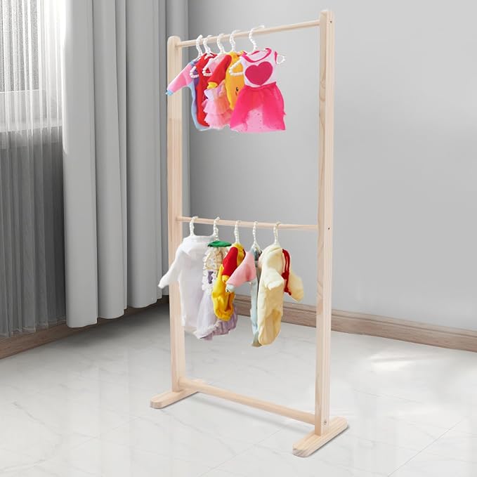 2 Tier Children Pets' Clothes Rack, Kids Clothing Rack, Small Clothes Rack Kids Dress Up Storage, Wooden Garment Display Hanging Rack, Pet Cloth Organizer