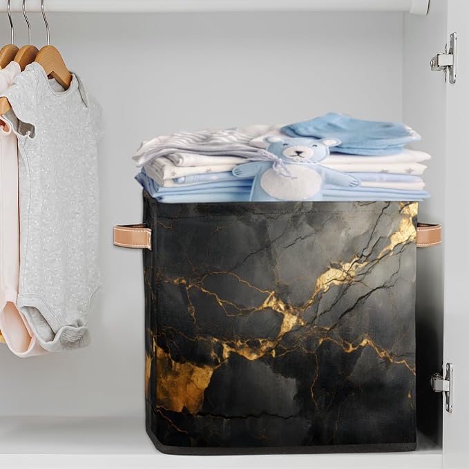 Black Gold Marble Cube Storage Bin, 13 Inch Collapsible Fabric Storage Cube Bin, Foldable Cube Baskets for Shelf, Closet, Organizer