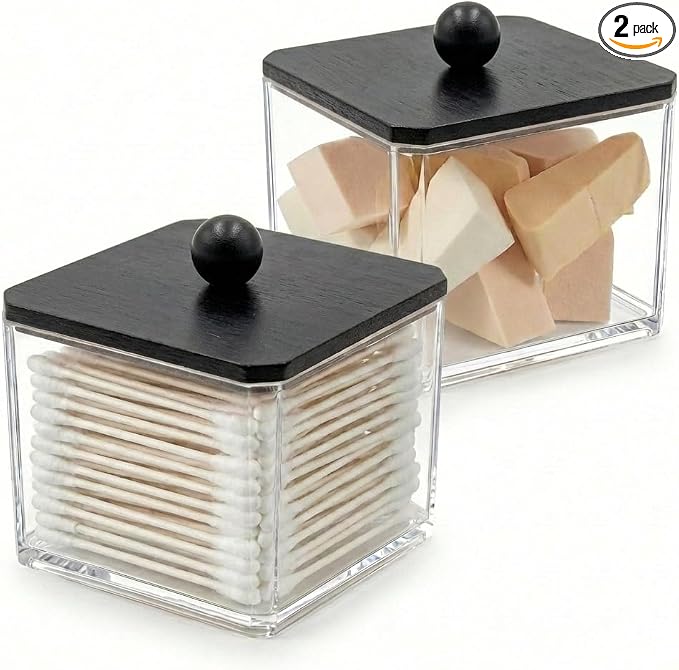 SheeChung 2 Pack Square Acrylic Qtip Holder with Black Wood Lid | Qtip Holder for Bathroom - Clear Apothecary Jar for Cotton Balls, Pads, Flossers, Farmhouse Bathroom Vanity Organizer