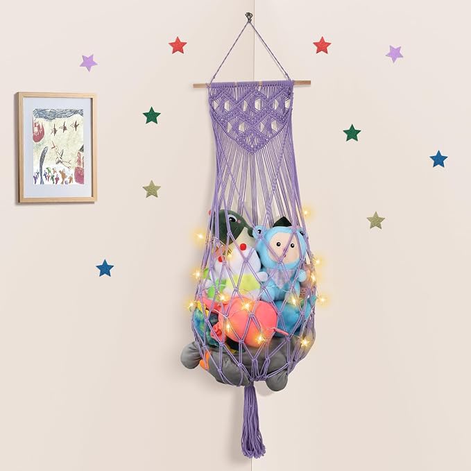 63Inch Stuffed Animal Storage Net Corner,Macrame Toy Hammock,Purple | Wall Ceiling Over Door Hanging Stuffed Animal Hammock Net,Plushies Organizer w/ Star Lights,Nursery Playroom Kid Room Decor