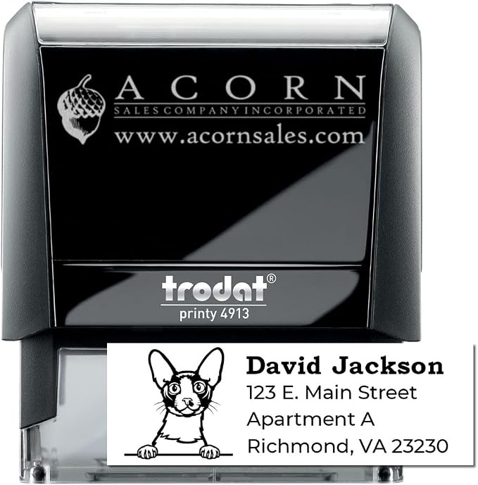 Peeking Cornish Rex Cat Self-Inking Address Stamp - Custom Rubber Stamp | Envelope Stamp for Pet Themed Mail. Custom Made Cornish Rex Cat Mailing Address Stamp. 4 case colors. No separate pad needed.