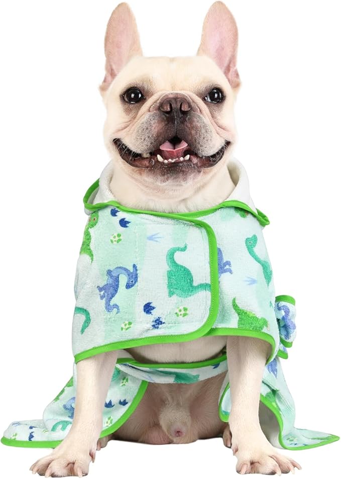 HDE Dog Bathrobe Super Absorbent Quick Drying Puppy Towel Wrap Coat Adjustable After Bath Robes with Hood for Dog Sizes S-XXL Cute Dinosaurs S