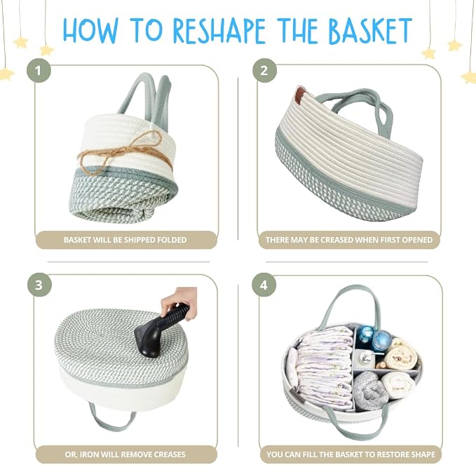 DECOMOMO Baby Caddy Organizer, Large Diaper Caddy Basket | Baby Baskets for Baby Shower (Sage Green & White)