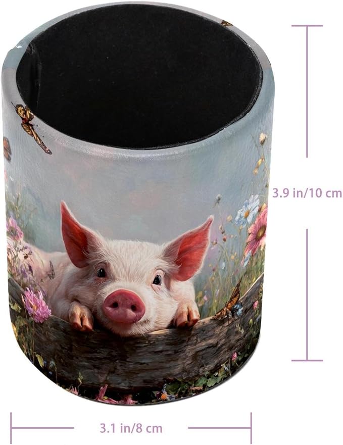 Faux Leather Pen Holder for Desk, Pencil Organizer Pig and Fence Pen Cup Desk Decor Makeup Brush Holder Storage for Office Home