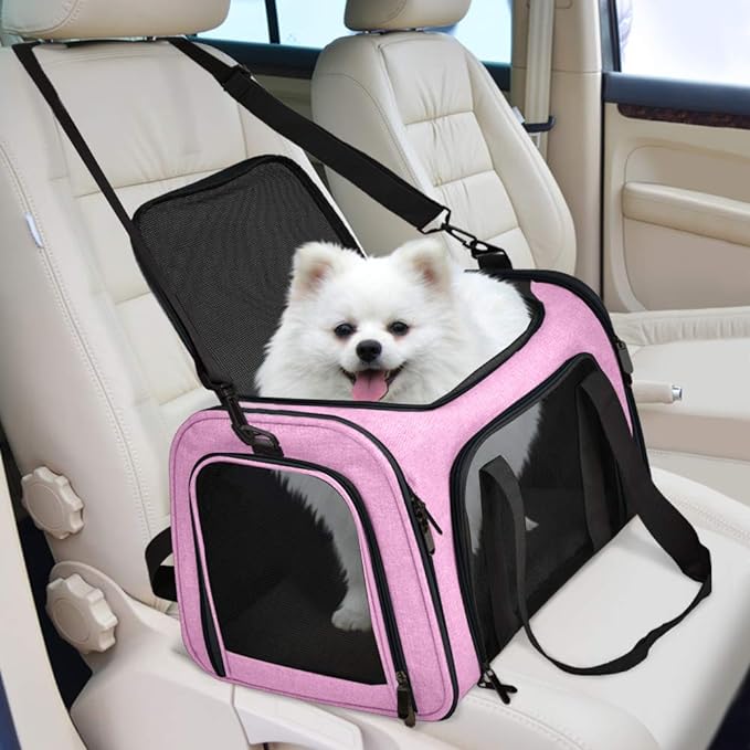 Henkelion Pet Carrier for Small Medium Cats Dogs Puppies up to 15 Lbs, TSA Airline Approved, Soft Sided, Collapsible Travel - Pink (Pack of 2)