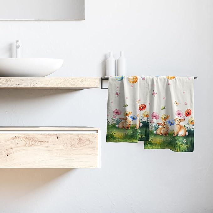 Giwawa Easter Decorative Hand Towels- Cute Bunny Rabbits Eggs Tree Towel Set of 2- Spring Watercolor Floral Face Towel Absorbent Dish Wash Cloth for Hotel Bathroom Gym Guest Home Holiday