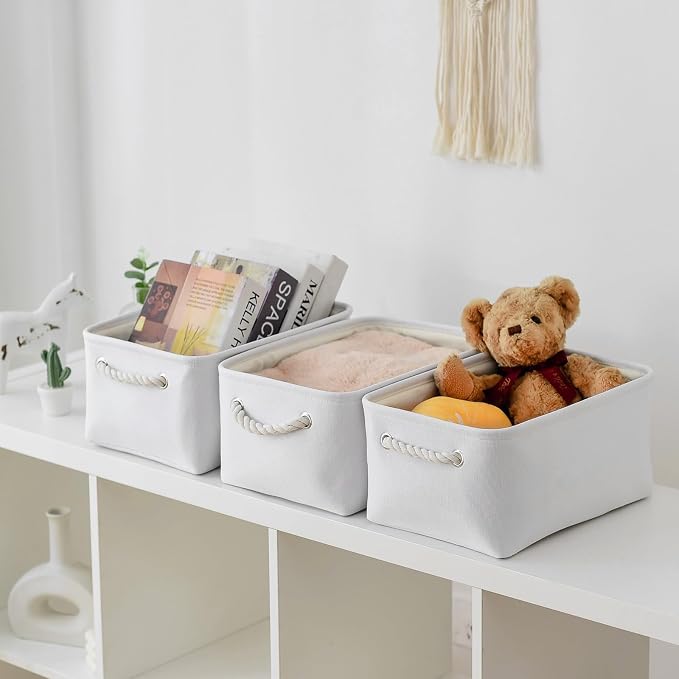 Decorative Basket for Organizing - Medium-1Pack 13.8L*9.8W*6.7H Rectangular Fabric Storage Bin Organizer Basket with Handles for Clothes (White)