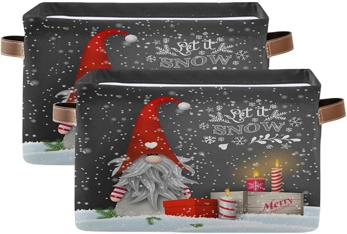 Winter Gnomes Storage Basket Fabric Kitchen Baskets Let it Snow Christmas Decorations Open Home Storage Bins Boxes Foldable Organizer Bag for Toy Book Shelf Closet Baskets 16×12×8 Inches 2 Pack