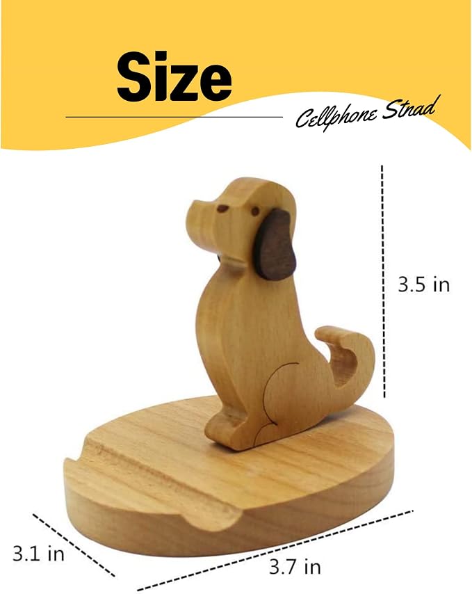 Cell Phone Tablet Wooden Stand Dock Holder Cradle Mount Organizer Charger Station Table Desk Room Office School Kitchen Non-Slip Wood (Dog)