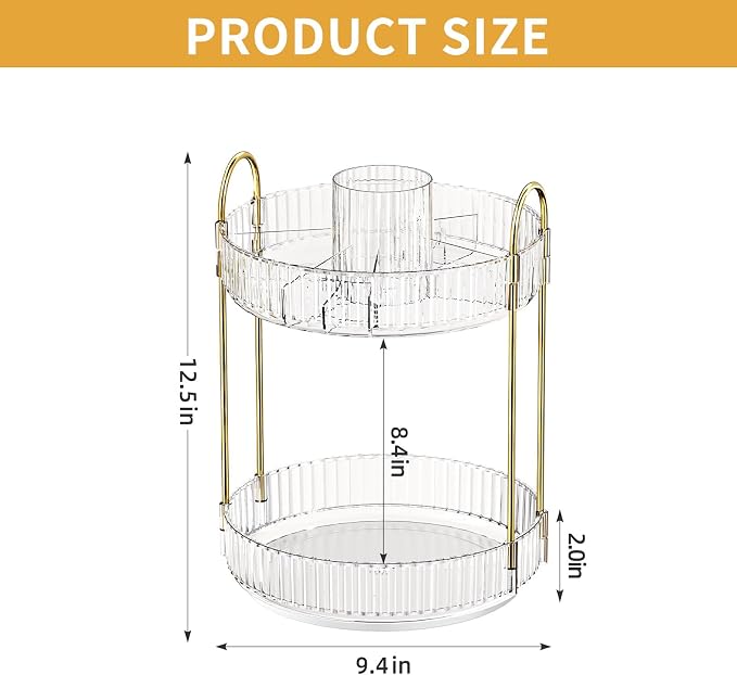 360° Rotating Makeup Organizer, Large-Capacity Skincare Make Up Storage 2 Tier Perfume Organizers Cosmetic Dresser Organizer with Makeup Brush Holder, Fits Bedroom, Bathroom, Vanity Shelf Countertop