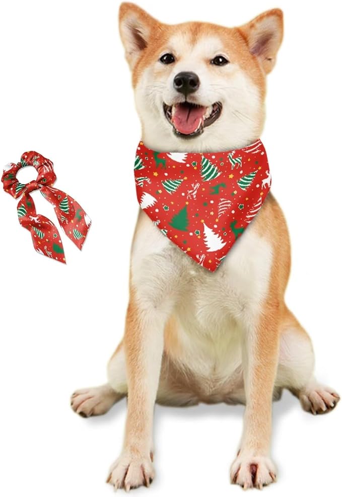 COEQINE Dog Bandanas Bulk Christmas Tree Cake Deer Pattern Red Bow Hair Tie for Women Cute Pet and Owner Matching Outfits for Holiday Festival Costume