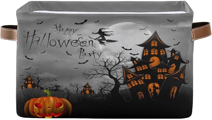 Halloween Spooky Witch Castle Storage Basket Fabric Kitchen Baskets Black Bat Ghost Pumpkin Open Home Storage Bins Boxes Foldable for Candy Toy Decorations Baskets 2 Pack 16×12×8 Inches