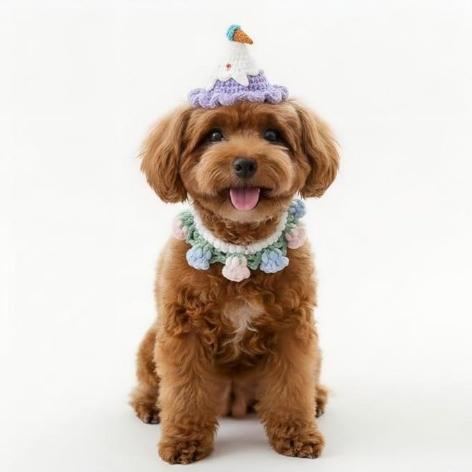 Handmade Knit Cat Birthday Outfit – Adjustable Birthday Dog Hat & Floral Wreath Scarf for Cats and Small to Medium Dogs, Cute Dog Costume for Party, Holiday, Daily Wear & Photos