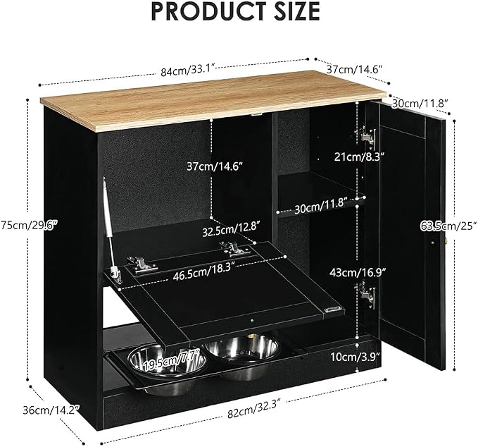 Pet Feeder Station Storage Cabinet, Hidden Pet Feeder Station with 2 Elevated Dog Bowls and Side Hooks, Large Pet Food Organizer Furniture for Feeding & Watering Supplies,