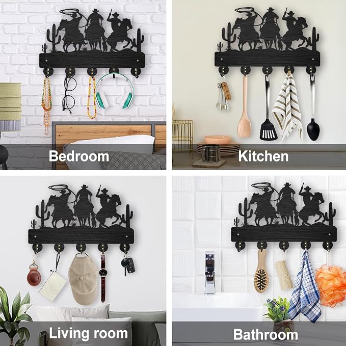 MAYJOYDIY Cowboy Horse Cactus Coat Hooks Wall Mount 11.8×7.9inch Desert Decorative Hooks Rack Wall Art Decor Black Wooden Western Cowboy Key Holder for Wall 5 Alloy Hooks for Kitchen Entryway Gifts