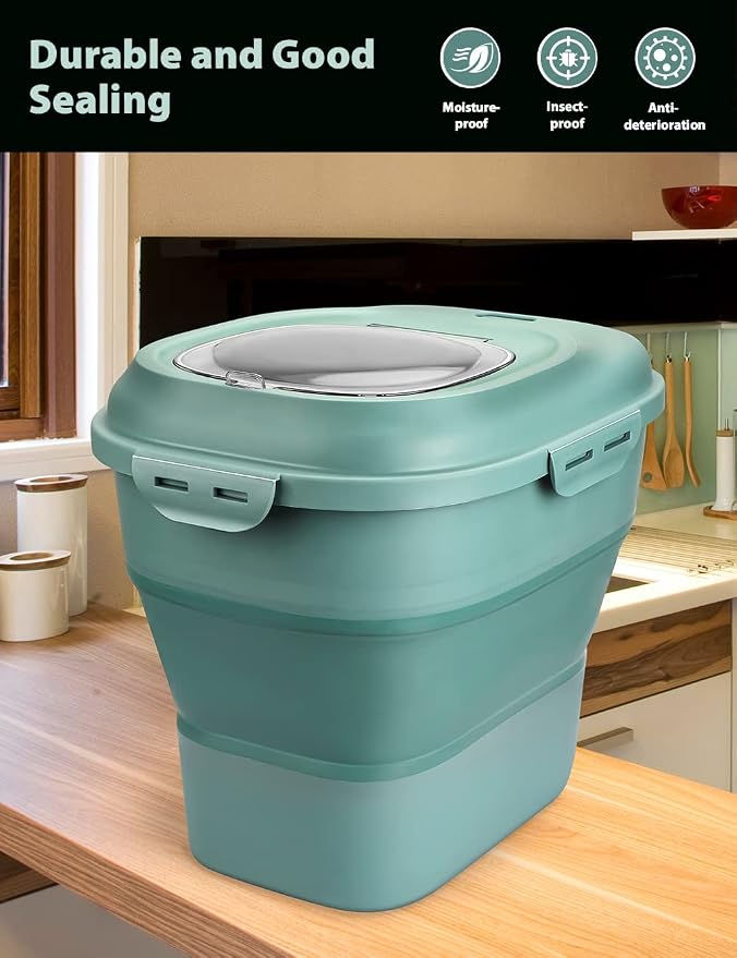 Viretec Cereal Rice Storage Containers, 20 to 50Lbs Collapsible Dry Food Dispenser Bins with Airtight Flip Lid Rolling Wheel, Kitchen Pantry to Store Sugar Flour, Dog Pet Cat Food Holder Container