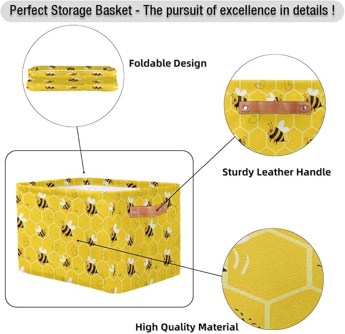 AUUXVA Bee Storage Basket Yellow Honeycomb Beehive Geometric Pattern Storage Cube Box Canvas Collapsible Toy Basket Organizer Bin with Handles for Shelf Closet Bedroom Home Office