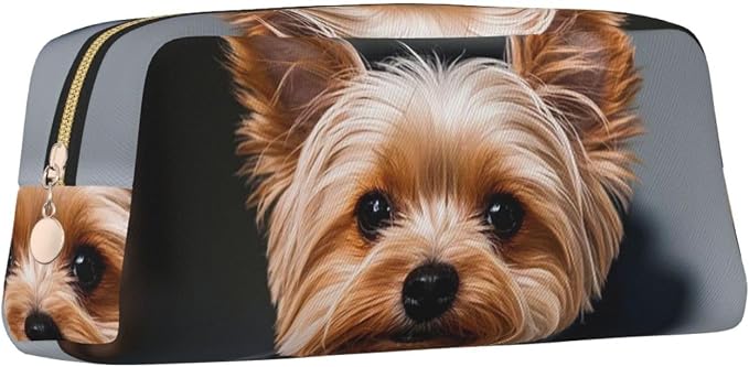 PU Leather Pencil Case Cosmetic Pencil Bags Makeup Pouch with Zipper | Cute Pet Yorkie Pen Pouch Portable Cosmetic Organizer Bag For Office Woman Man