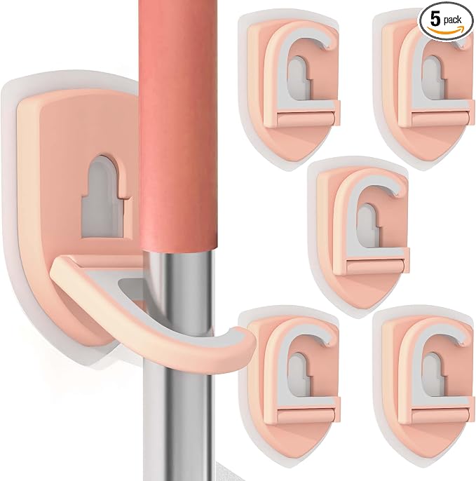 Broom Holder Wall Mount Self Adhesive, Broom and Mop Organizer Wall Hanging, No Drilling Anti-Slip Broom Hook Over Door for Home, Kitchen, Garden, Garage Storage (5-Pack, Coral Pink)