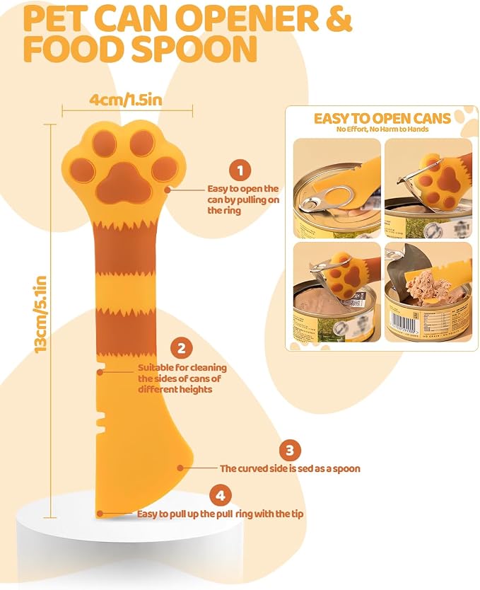 5 PCS Cat Food Can Covers Lids Set, Silicone Pet Food Can Lids with Multi-Function Cat Food Spoon and Opener, Cat Bar Squeezer, Stainless Steel Wet Food Spoon for Cats and Dogs(Yellow)
