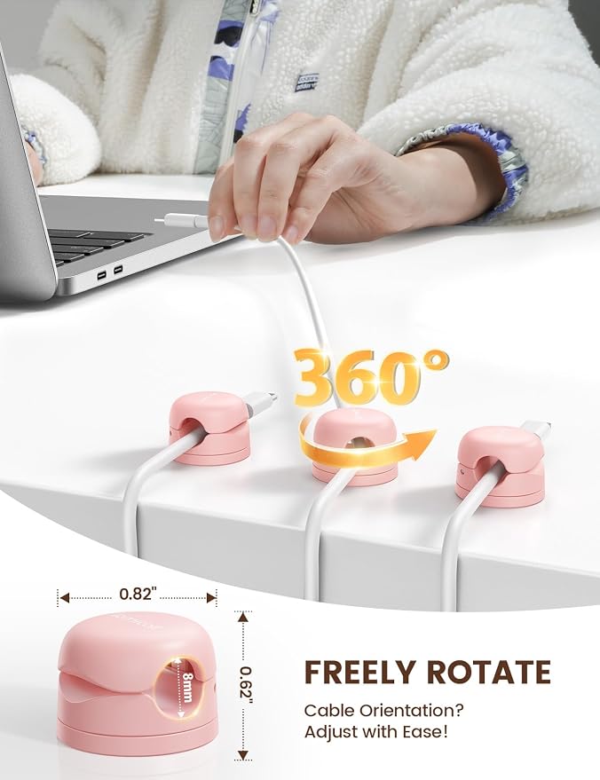 Lamicall 6 Pack Pink Rotatable Spring Cord Organizer Cable Clips | Women Girls Gift Gadget, Adhesive Cable Management for Desk Nightstand Wall, Office Home Dorm Decor, Charger Cord Holder