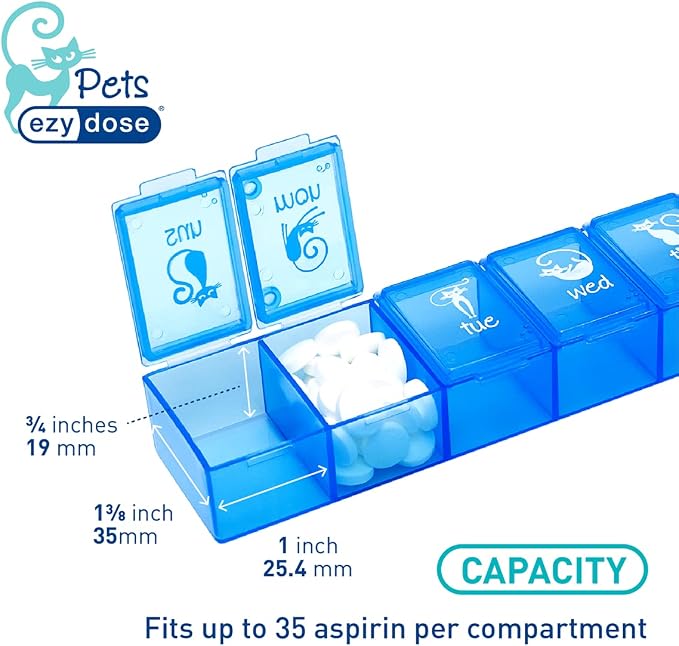 Ezy Dose Pets Weekly 7-Day Pill Organizer for Cats, Blue, X-Large | Medicine Planner, Vitamin Organizer Box for Cats, Easy to Use, Transparent Lids, Convenient for Treats