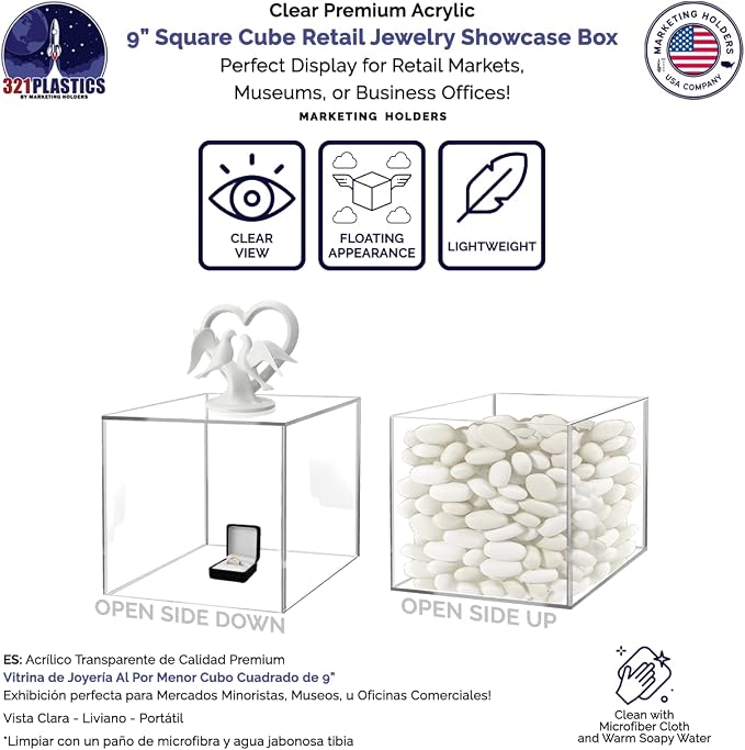 9" Clear Acrylic Display Box with One Open Side No Lid Versatile Square Retail Product Riser or Merchandise Storage Bin No Assembly by Marketing Holders
