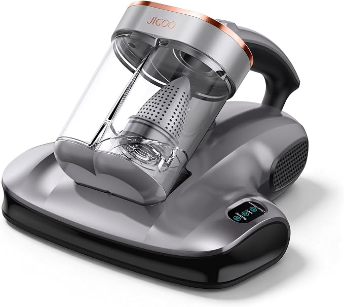 JIGOO 2-in-1 Mattress and Pet Hair Vacuum Cleaner, Bed Vacuum Cleaner with Dust Sensor, Ultrasonic and High Heating, Deep Cleaning Bed Vacuum for Sofa Bed Fabric Surface (S100 Cordless,Gray)
