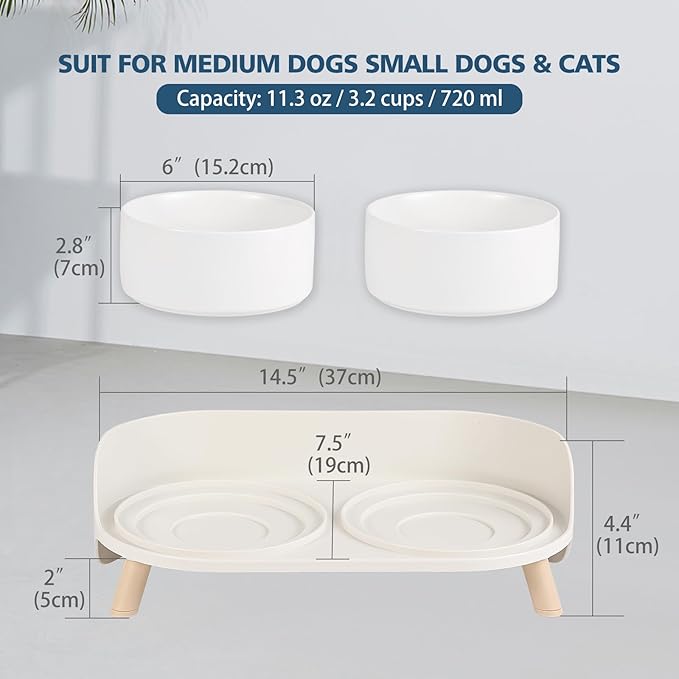 Elevated Ceramic Dog Bowl Set - Double Dog Feeding Bowls with Stand Splash Proof - Raised Dishes for Food and Water - Ideal for Small to Medium Dogs - 2 x 850 ml - 28.74 oz - White